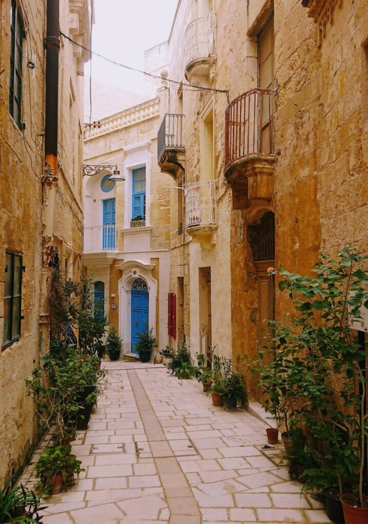 Pasillo con macetas y plantas junto a balcones
